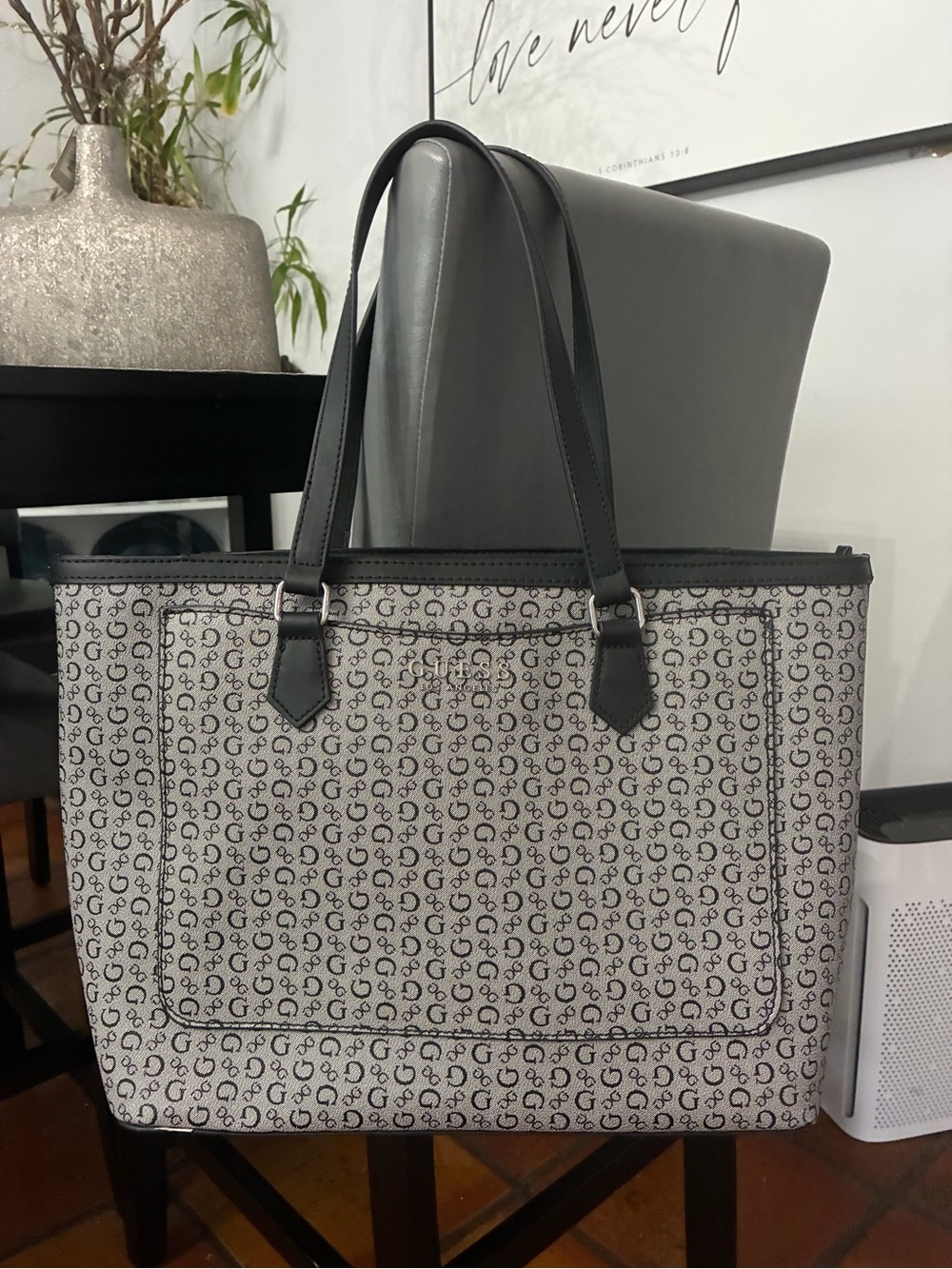 Guess Gray Monogram Tote with Black Handles